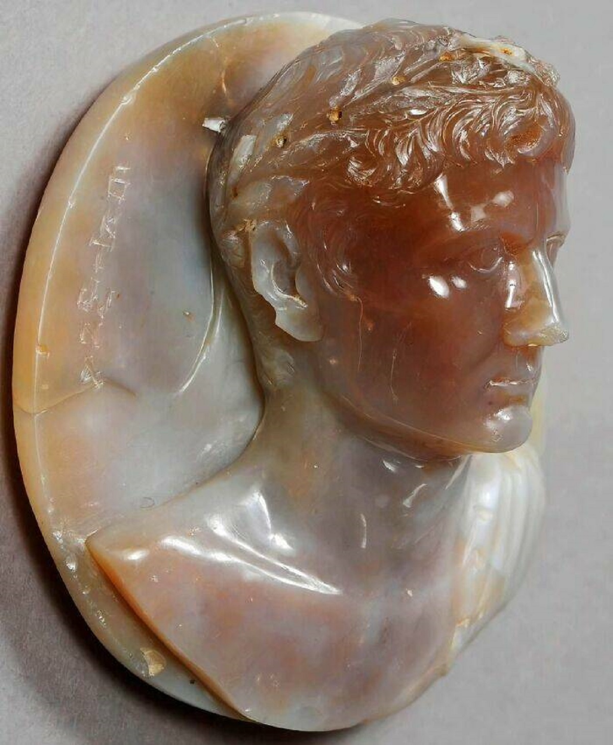 "Roman Cameo Of Caesar Augustus Carved In Chalcedony Stone. It Used To Be Decorated With A Golden Laurel Wreath. About (5cm) Early 1st Century Ad"