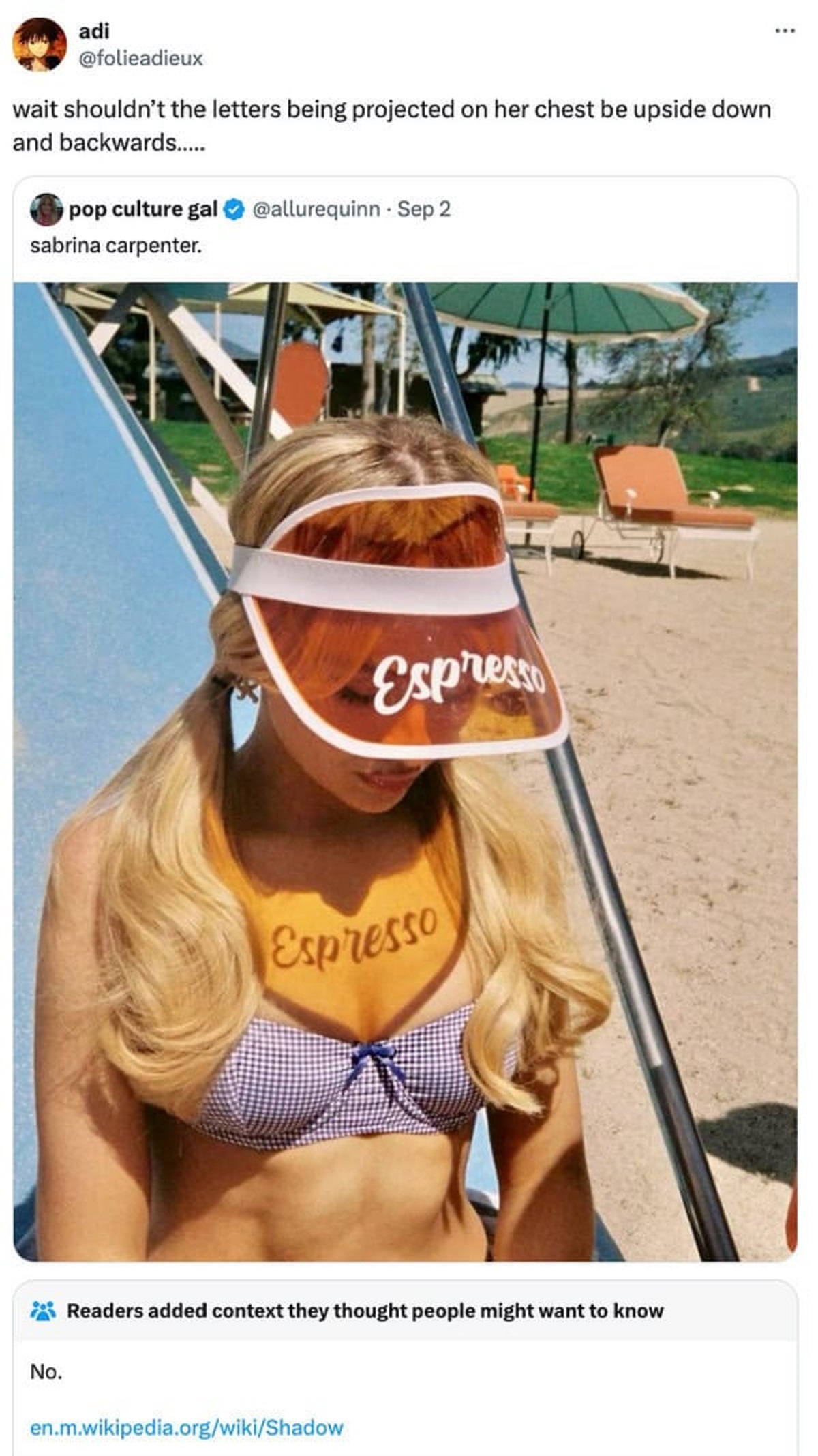 sabrina carpenter bikini espresso - wait shouldn't the letters being projected on her chest be upside down and backwards.... pop culture galallurequinn Sap 2 sabrina carpenter, Espress Espresso No. Readers added context they thought people might want to k