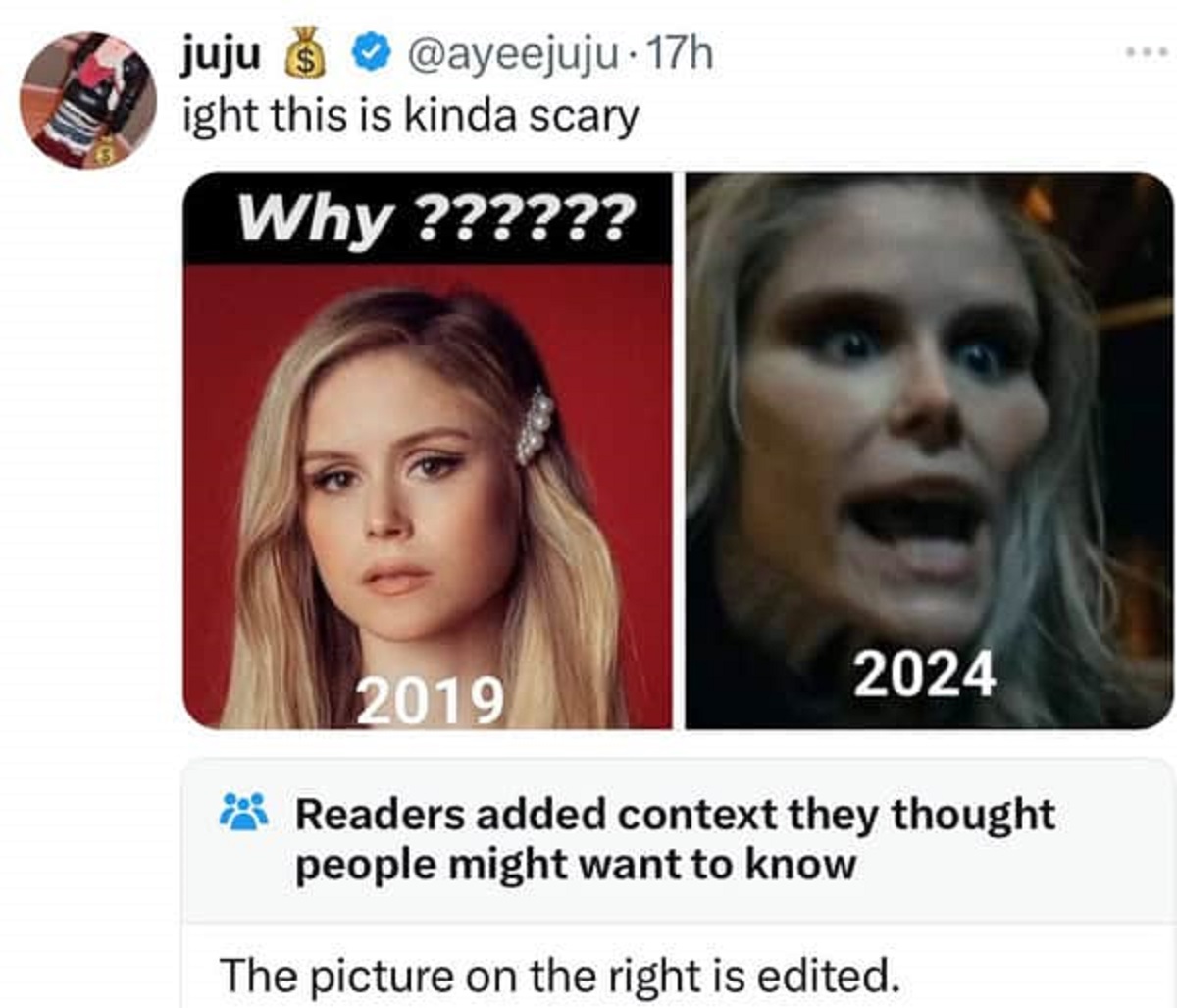 screenshot - juju . 17h ight this is kinda scary Why ?????? 2019 2024 Readers added context they thought people might want to know The picture on the right is edited.