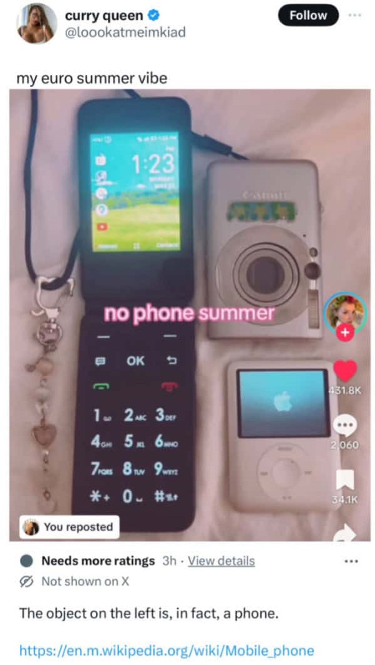 feature phone - curry queen my euro summer vibe Canni no phone summer Ok 1 Td 2 Anc 3 Def 4GM 5 Kl 6NO 2,060 7 Poes 8 Tuv 9 Wxyz 0.. . You reposted Needs more ratings 3h View details Not shown on X The object on the left is, in fact, a phone. phone