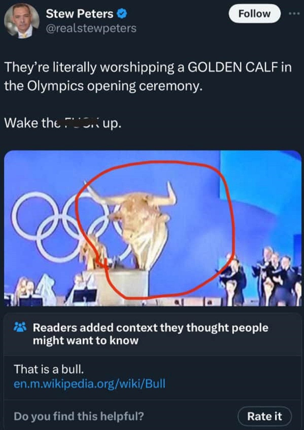 olympics opening ceremony golden calf - Stew Peters They're literally worshipping a Golden Calf in the Olympics opening ceremony. Wake the up. Readers added context they thought people might want to know That is a bull. en.m.wikipedia.orgwikiBull Do you f