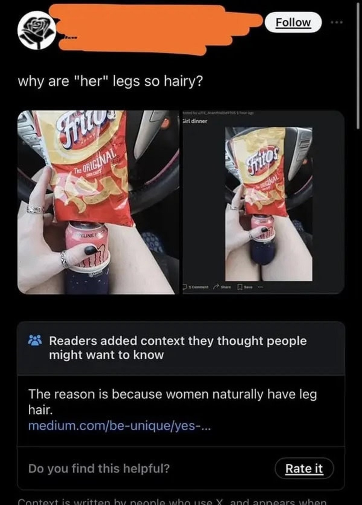 flyer - why are "her" legs so hairy? Frite The Original Girl dinner Cline F 00 Comment Save Fritos Iginal Readers added context they thought people might want to know The reason is because women naturally have leg hair. medium.combeuniqueyes... Do you fin