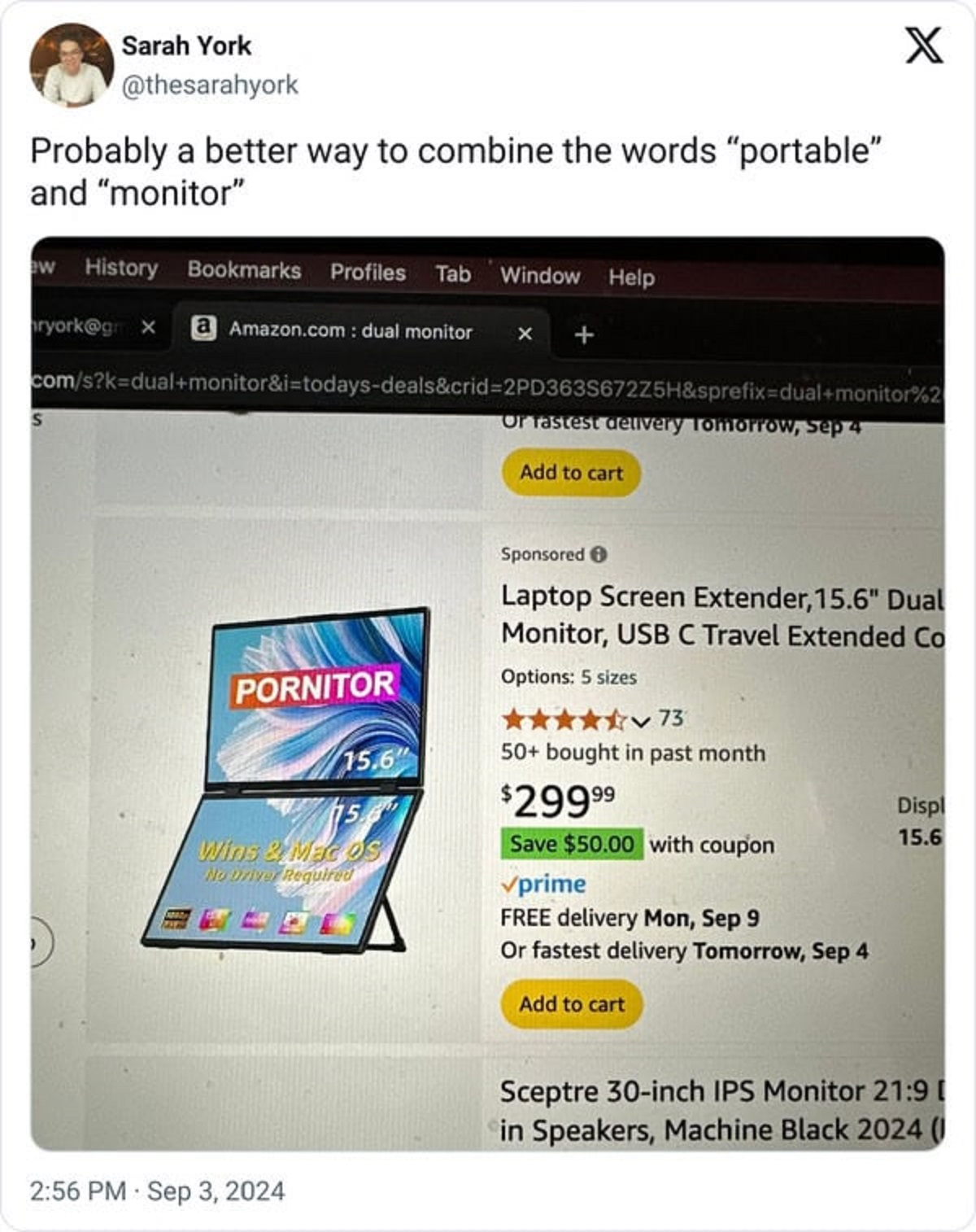 Computer monitor - Sarah York Probably a better way to combine the words "portable" and "monitor" ew History Bookmarks Profiles Tab Window Help ryork Amazon.com dual monitor X coms?kdualmonitor&itodaysdeals&crid2PD363S672Z5H&sprefixdualmonitor%2 Or fastes