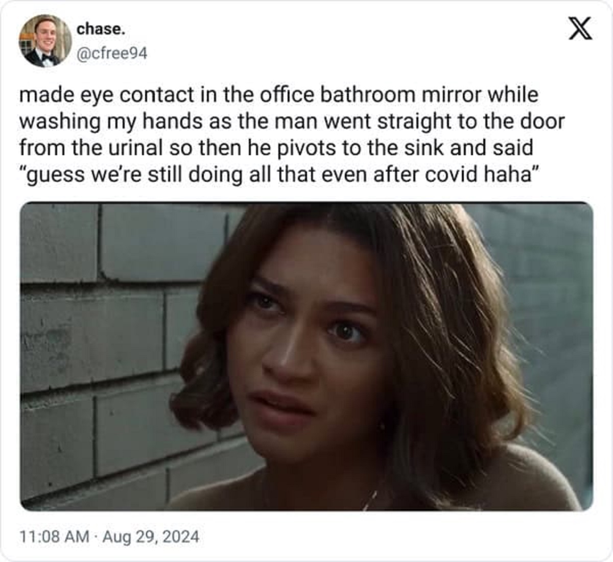 zendaya challengers alley scene - chase. made eye contact in the office bathroom mirror while washing my hands as the man went straight to the door from the urinal so then he pivots to the sink and said "guess we're still doing all that even after covid h