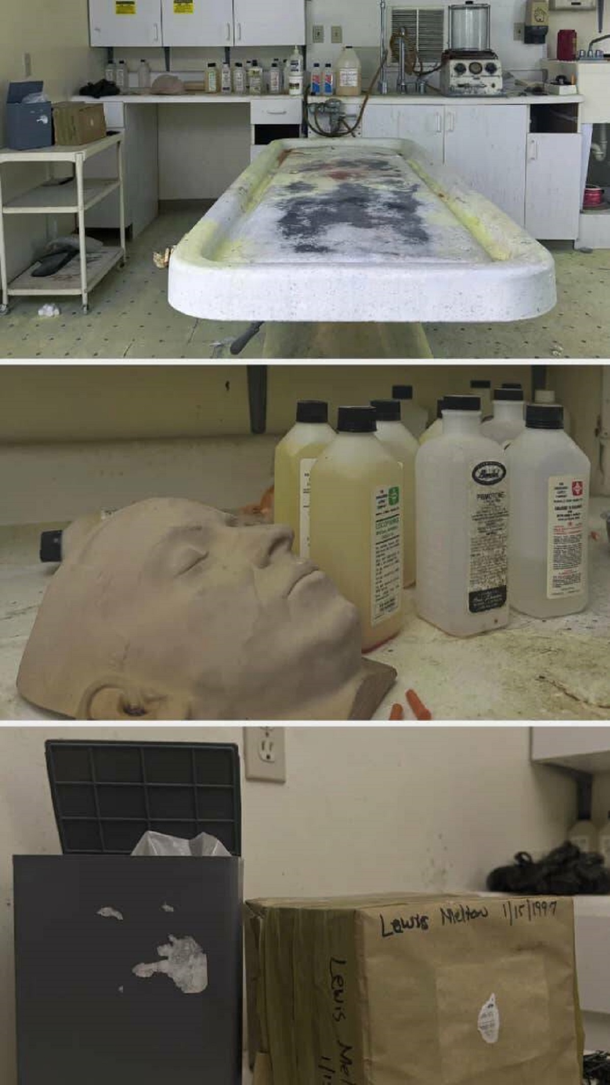 This abandoned funeral home that — according to OP — had a hearse, caskets, and boxed human remains (bottom pic) left behind: