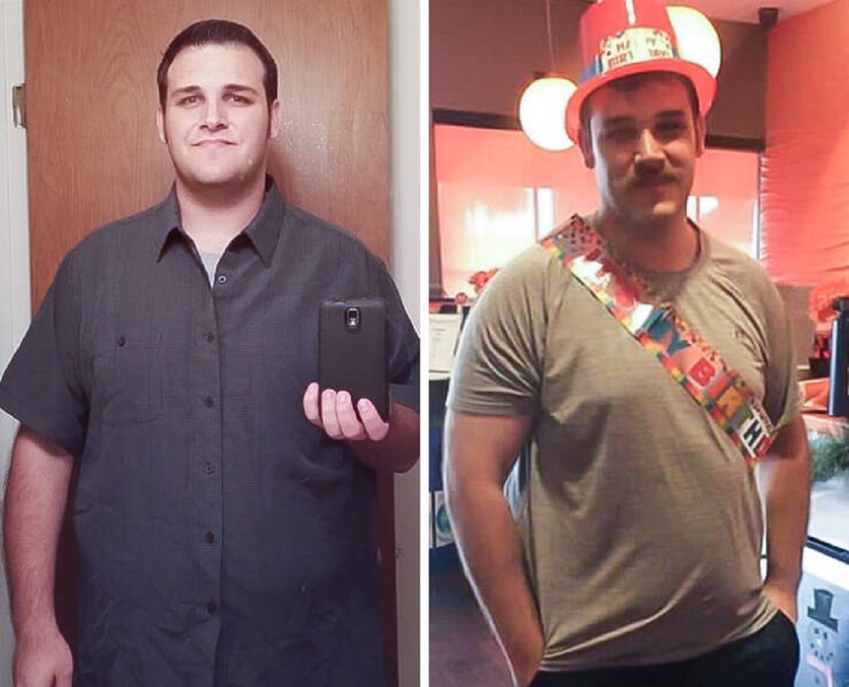 “My weight is the same in both photos — about 290 pounds, but what a difference!”