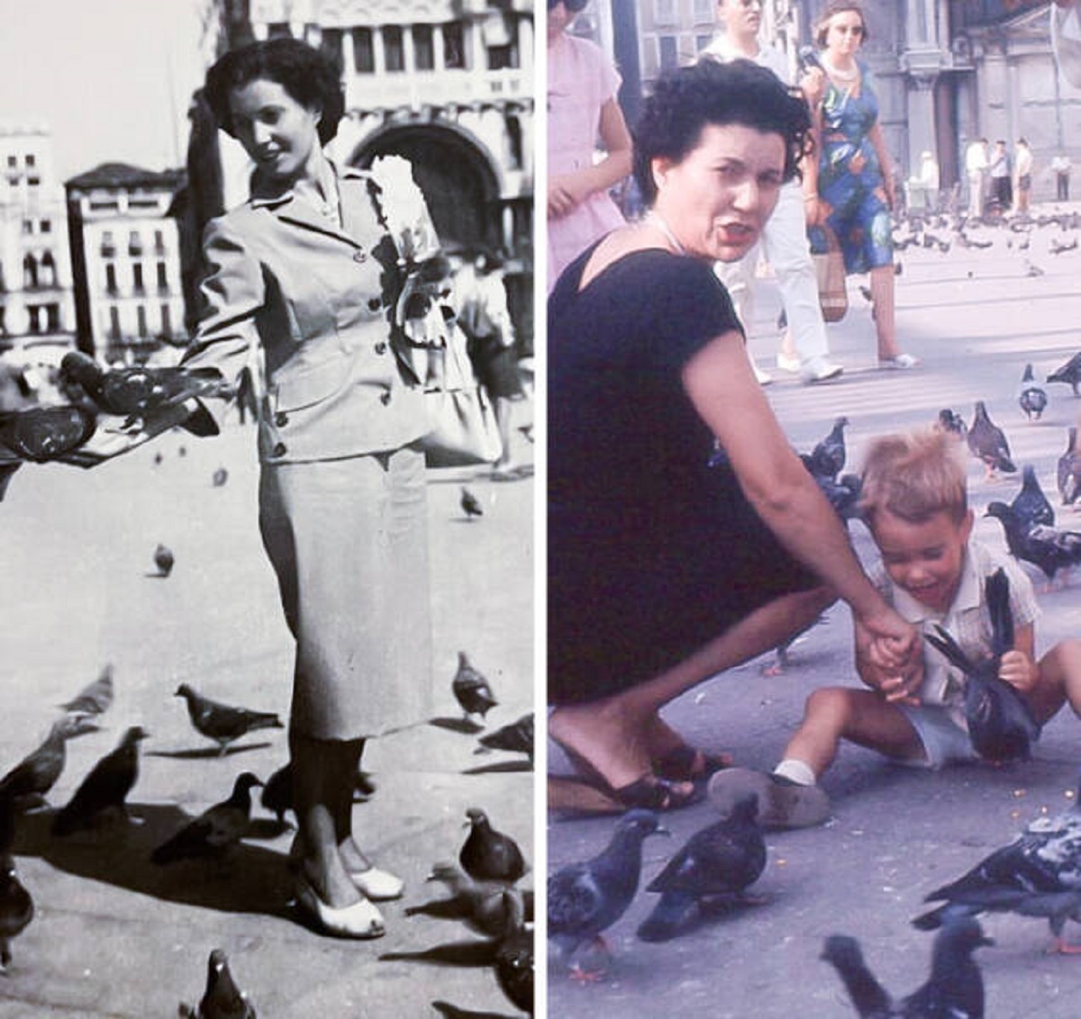 “On the left is a picture of my Nonna enjoying Venice before she had kids. On the right is a picture in the same location a few years later where she is desperately trying to stop my toddler-aged father.”