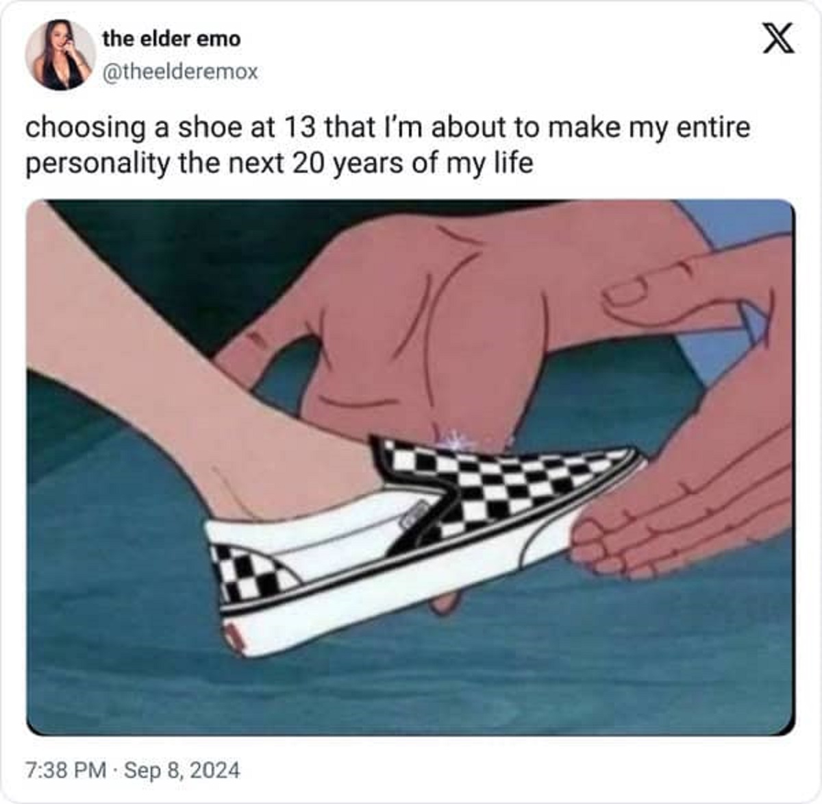 cinderella skateboard meme - the elder emo choosing a shoe at 13 that I'm about to make my entire personality the next 20 years of my life X