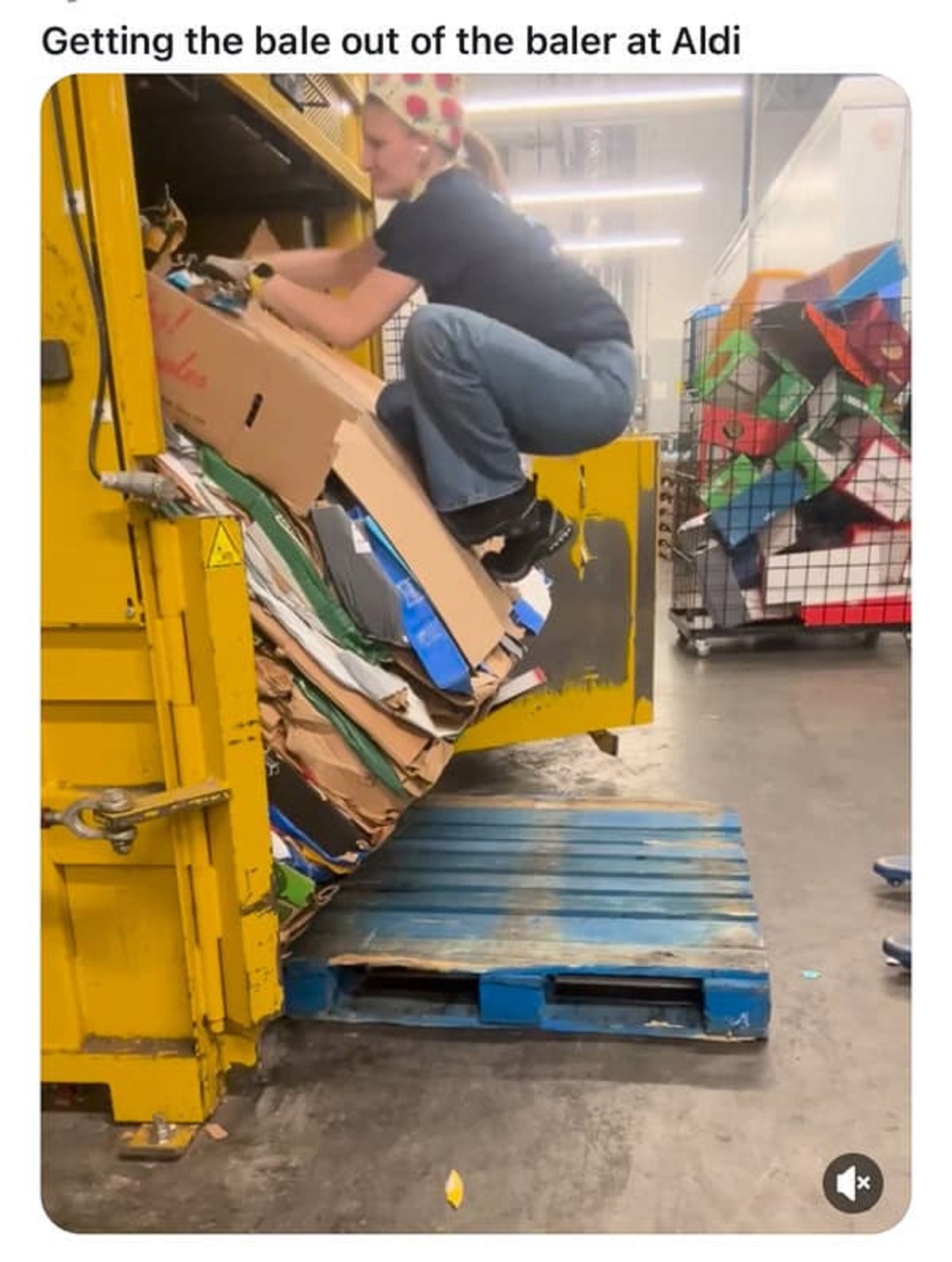 sitting - Getting the bale out of the baler at Aldi