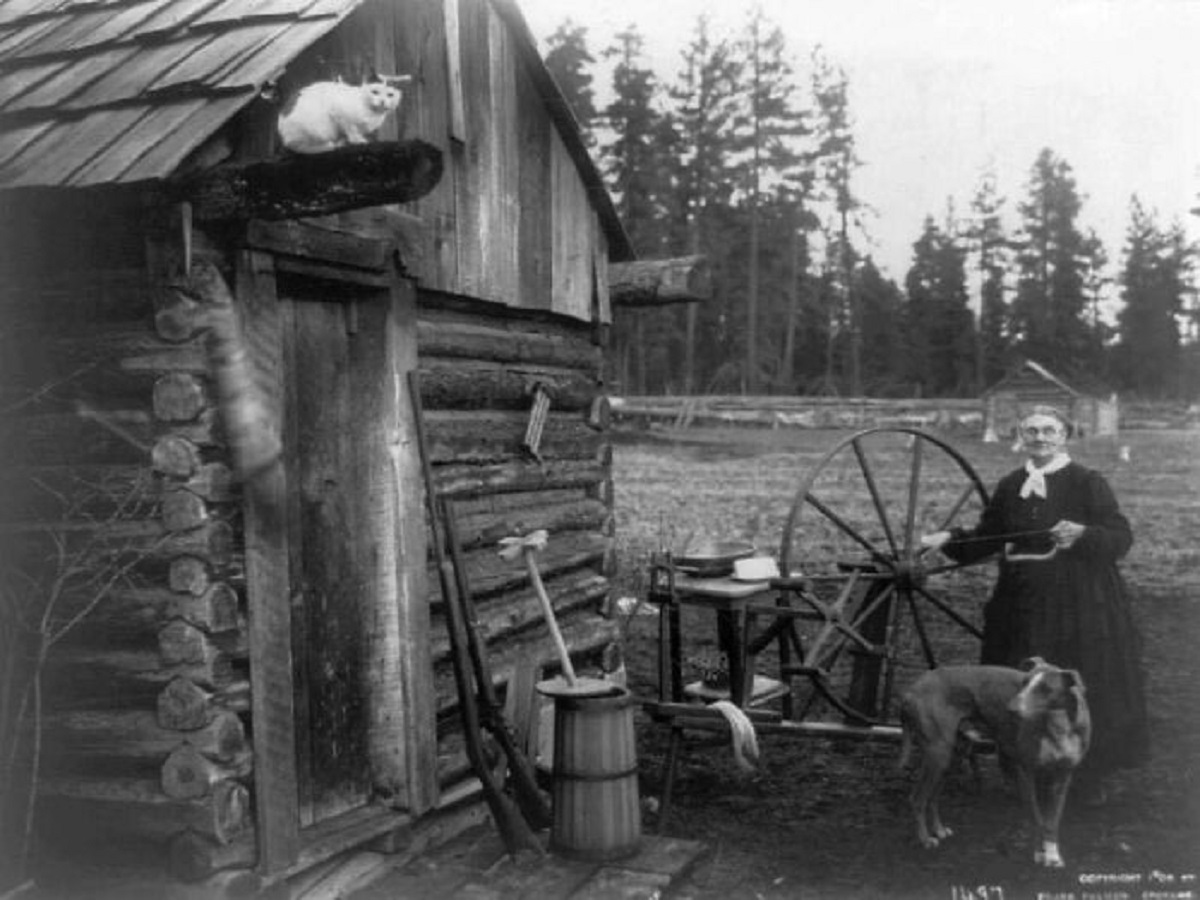 A Woman Using A Spinning Wheel Outside Of Her Log Cabin, 1918