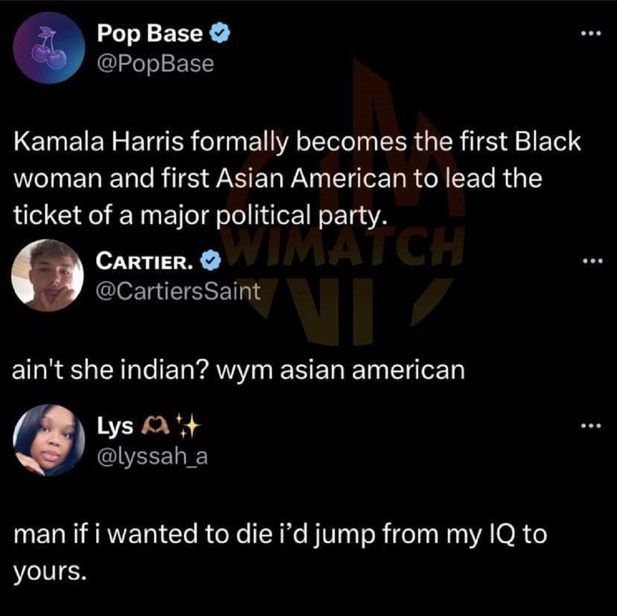 screenshot - Pop Base >> Kamala Harris formally becomes the first Black woman and first Asian American to lead the ticket of a major political party. Cartier. Wimay Ch Ni ain't she indian? wym asian american Lys man if i wanted to die i'd jump from my Iq 