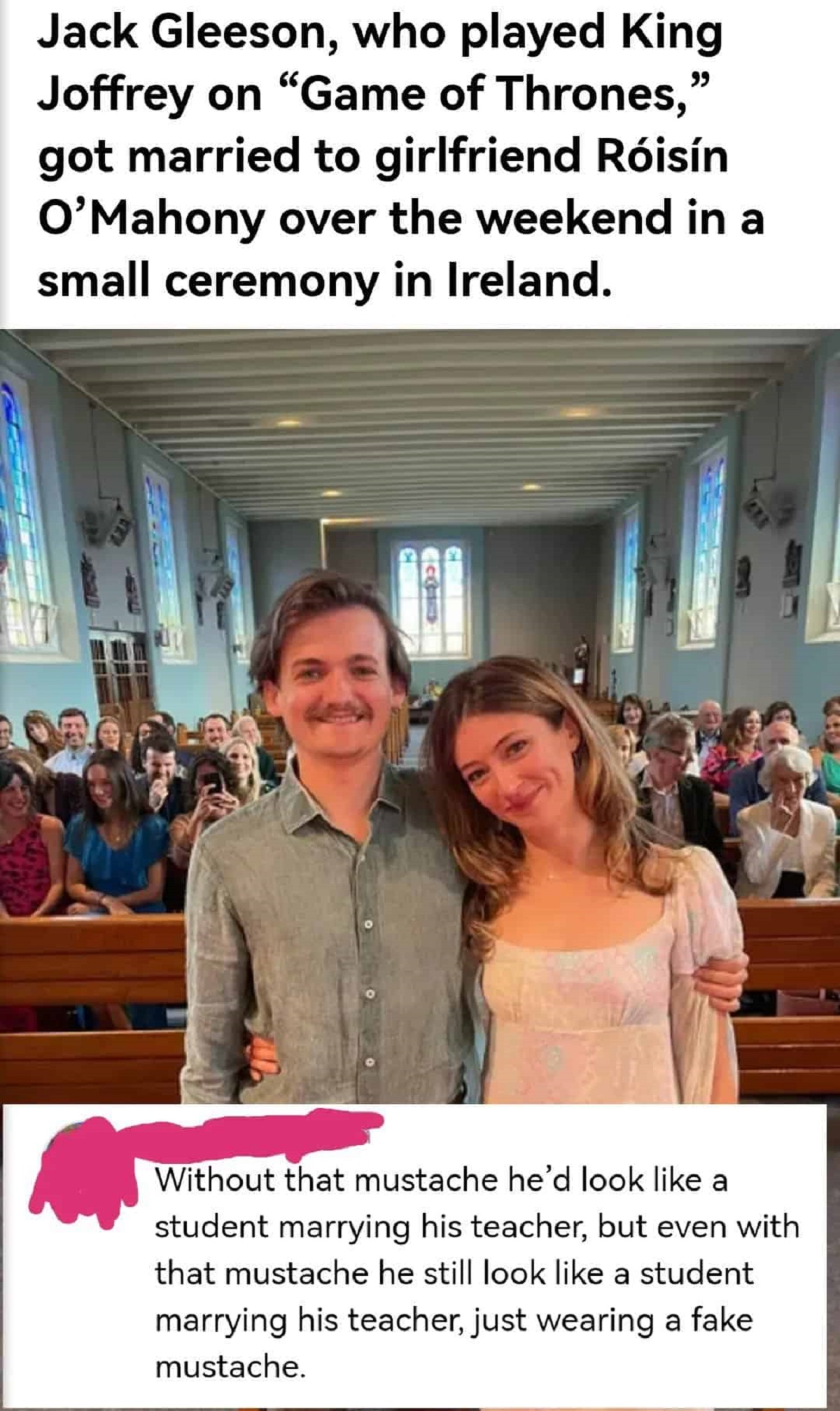 jack gleeson and róisín o mahony - Jack Gleeson, who played King Joffrey on "Game of Thrones," got married to girlfriend Risn O'Mahony over the weekend in a small ceremony in Ireland. Without that mustache he'd look a student marrying his teacher, but eve