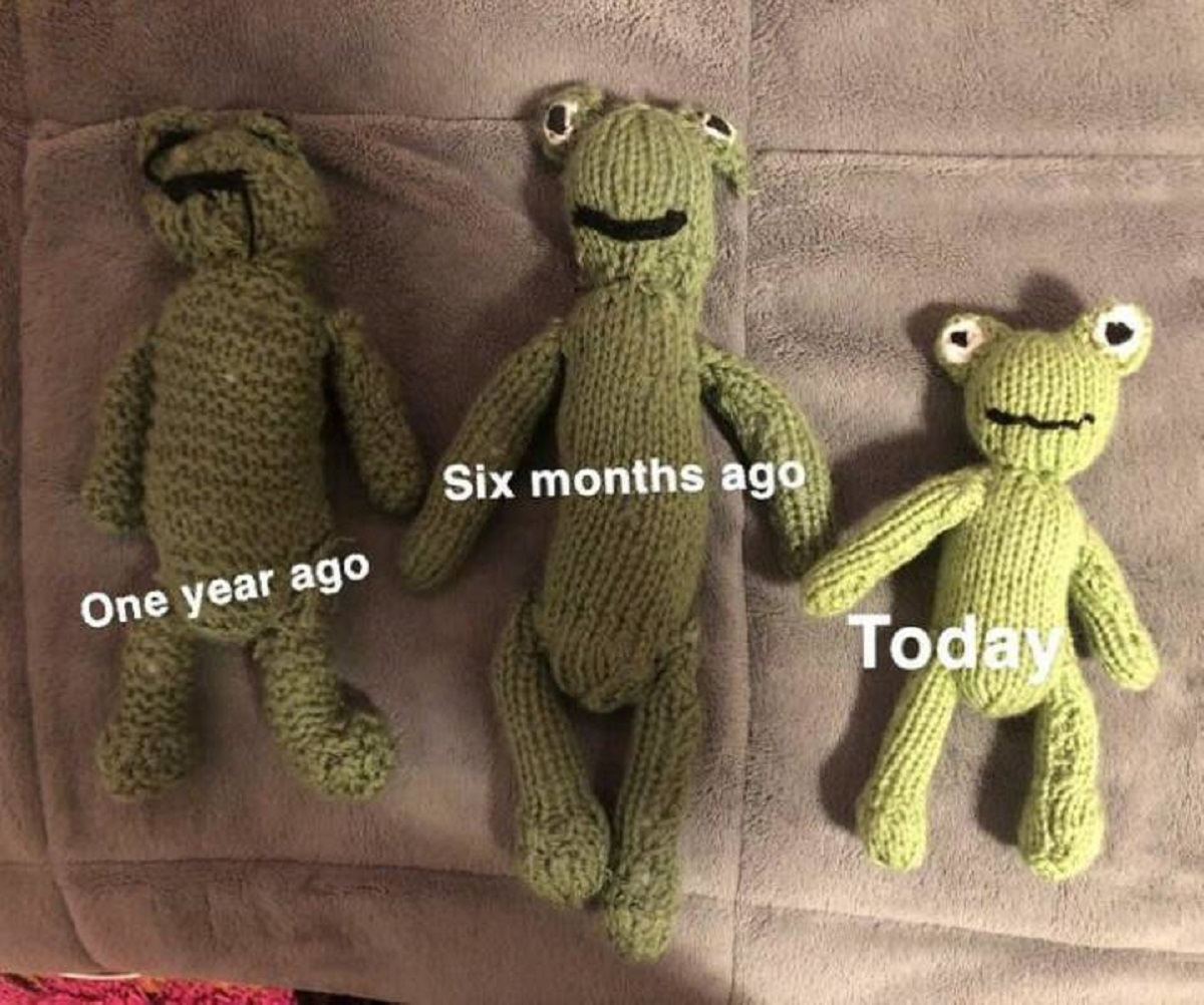 “I made the same frog as a knitting progress marker. I’ve come so far.”