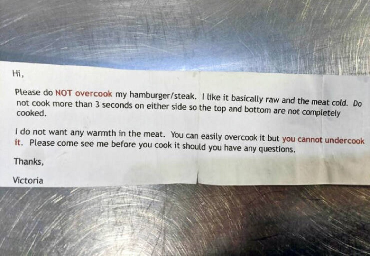 "Lady Ordered A Burger And Gave This To Her Server To Show The Chef"