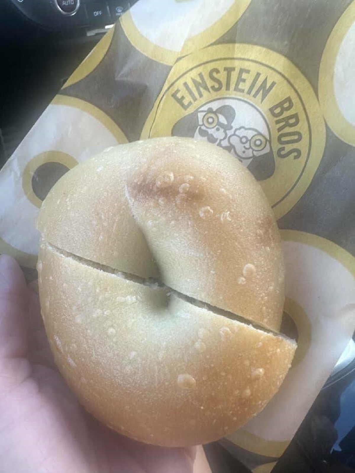 This (possibly very stoned) employee didn't get it when a customer asked them to cut a bagel in half: