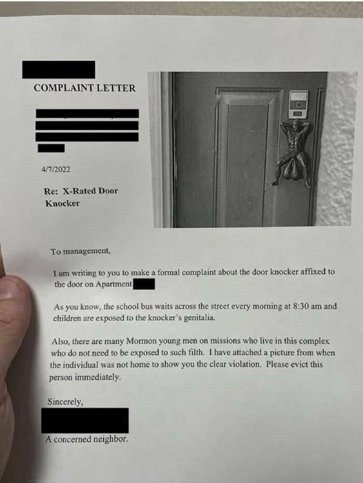 This resident didn't get that this door knocker might not be appropriate for this apartment complex: