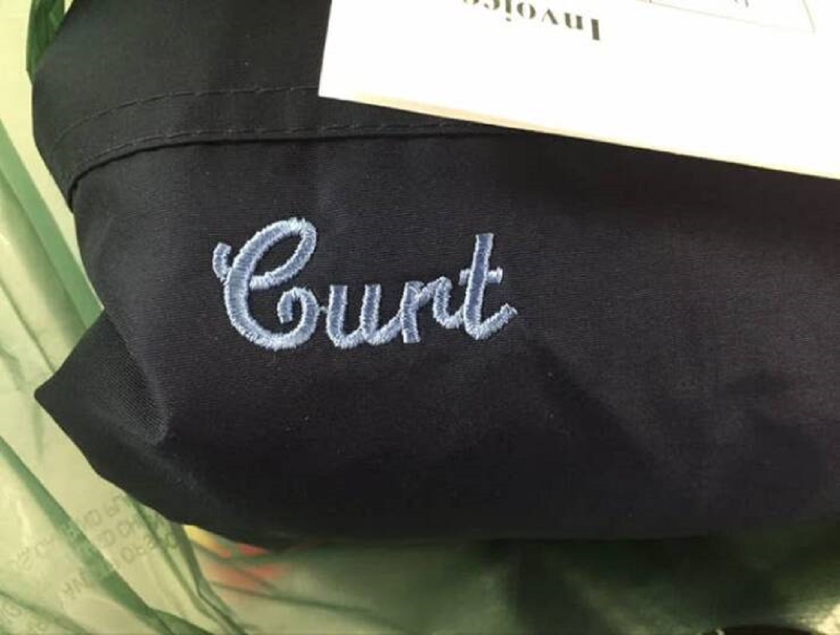 This guy named Curt didn't get that this was the wrong font to get embroidered on his jacket: