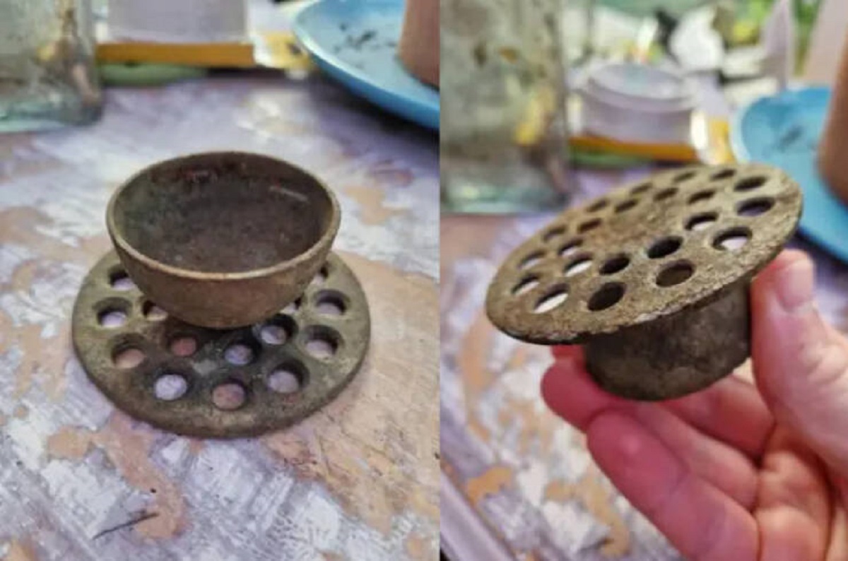 "This small metal cup with a flat, holey side found in a Victorian-era dump in Southeast England"

A: “Solved! It’s a Victorian Bell trap. Thank you very much indeed! It’s been bugging me for ages.”