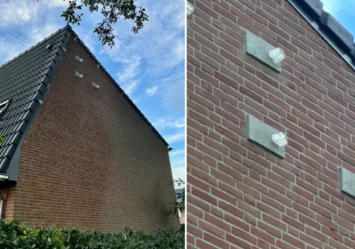 "These scrub-brush like objects sticking out of the side of a house"

A: “Dutch ecologist over here. This building is probably about to be demolished. They are making this building “nature-free.” The blocks are used for Swifts. Nesting places for Swifts are year-round protected, so also in winter when they are not here. The Swifts had already left for Africa, so they plugged the holes to prevent something else from entering before demolishing the building.

All of this is done to prevent the killing of protected species before demolishing a building. And if they are going to build something new in the place of this building, then there should be at least as many accommodations built in for Swifts in the new building.”