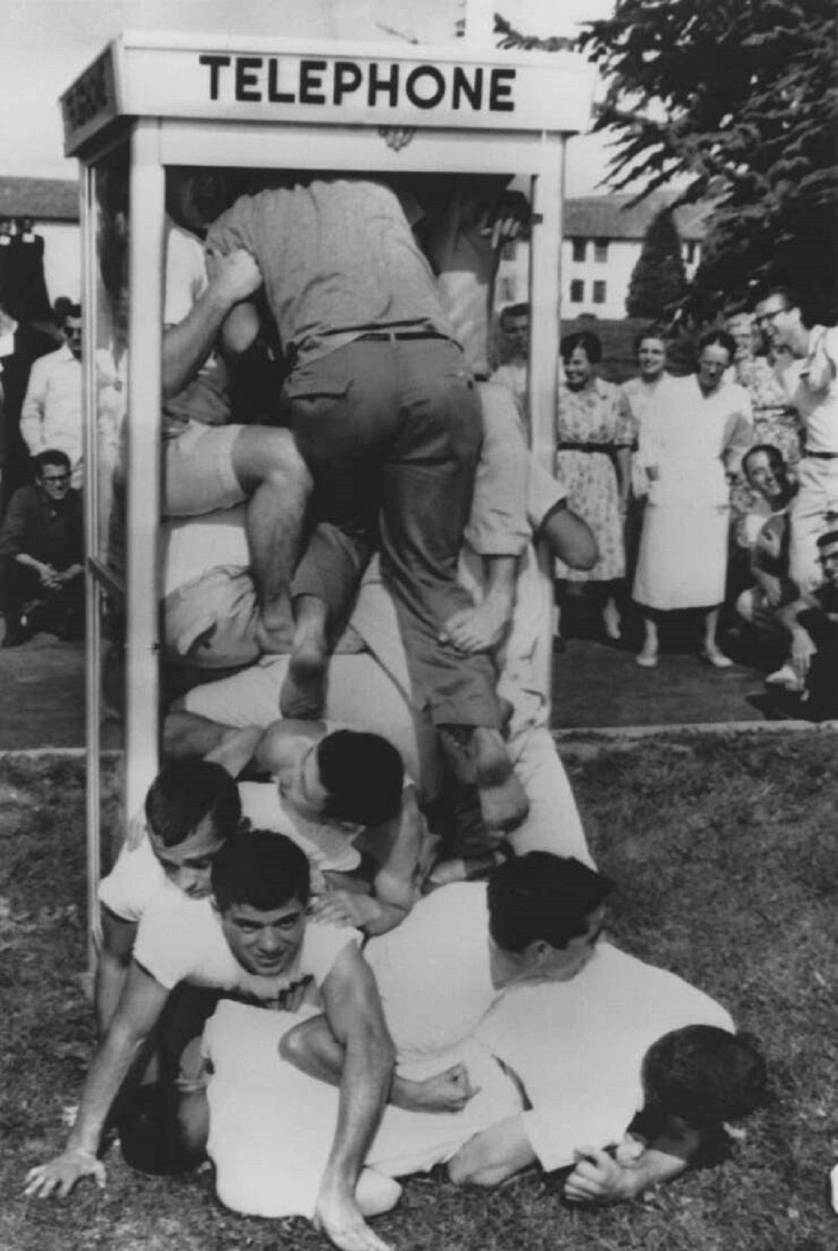 One of the biggest fads of the 1950s was "phonebooth stuffing," where-in a bunch of people would, well, stuff themselves into a phonebooth:

The world record at the time was 25 people stuffed into a phone booth. Truly an example of the triumph of the human spirit.