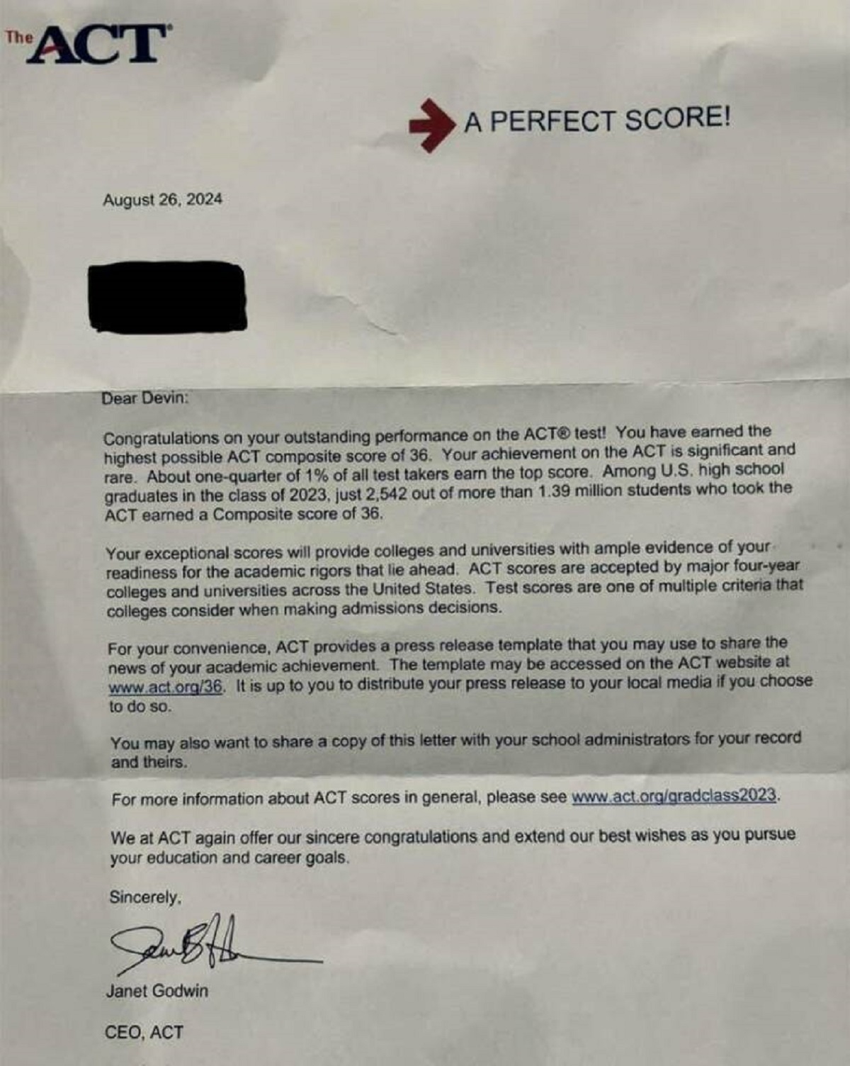 If you get a perfect score on the ACT, you receive this letter: