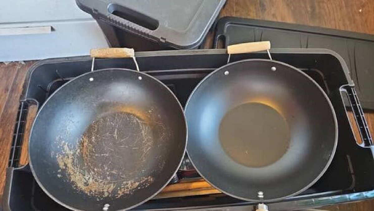 A five-year-old wok vs. a new wok: