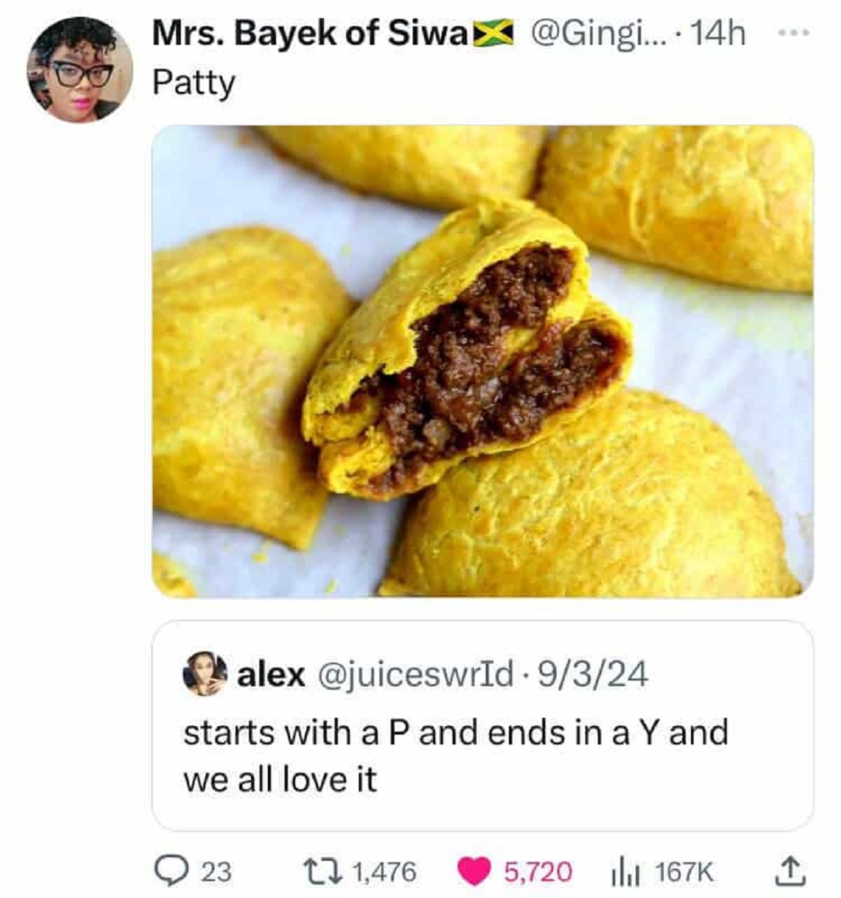 jamaican patty - Mrs. Bayek of Siwa .... 14h Patty alex 9324 starts with a P and ends in a Y and we all love it 23 1,476 5,