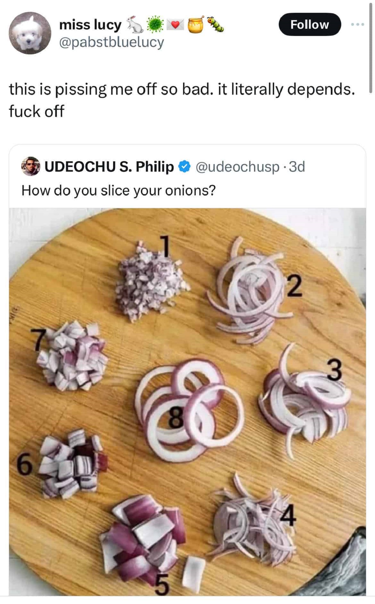 earrings - miss lucyk this is pissing me off so bad. it literally depends. fuck off Udeochu S. Philip 3d How do you slice your onions? 2 & 4 3