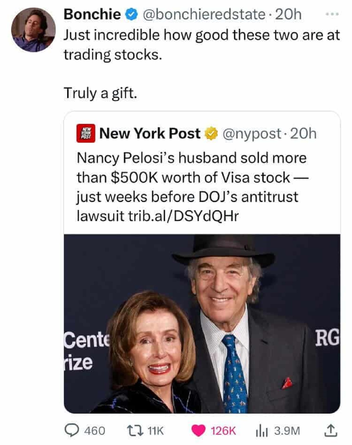 Nancy Pelosi - Bonchie 20h Just incredible how good these two are at trading stocks. Truly a gift. New Yohk Post New York Post . 20h Nancy Pelosi's husband sold more than $ worth of Visa stock just weeks before Doj's antitrust lawsuit trib.alDSYdQHr Cente