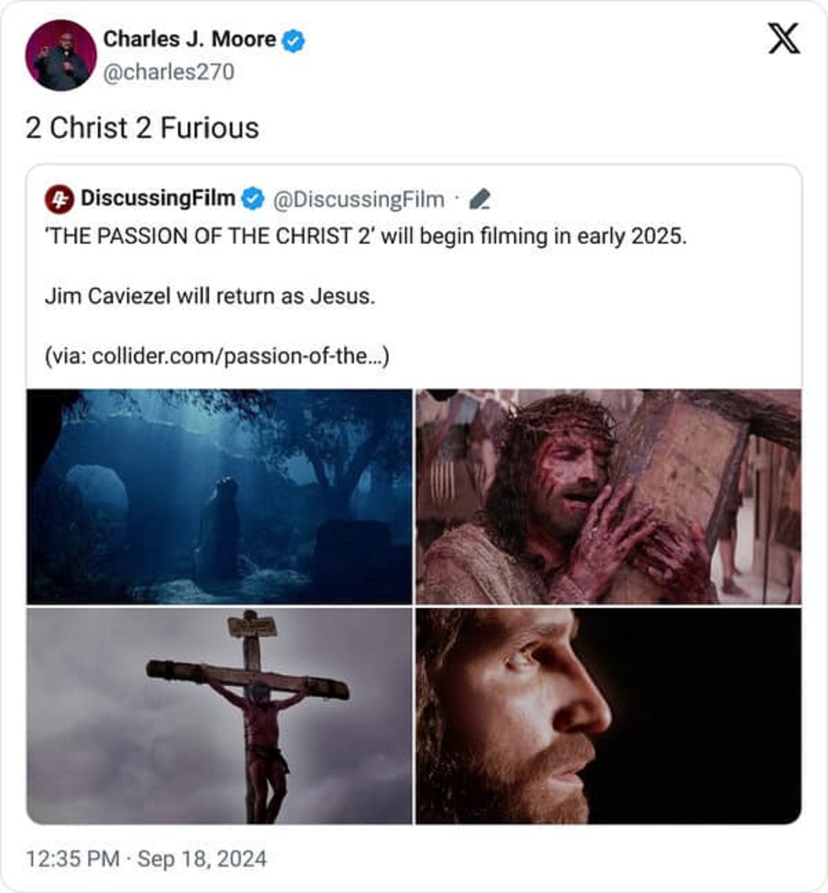 screenshot - Charles J. Moore 2 Christ 2 Furious DiscussingFilm 'The Passion Of The Christ 2' will begin filming in early 2025. Jim Caviezel will return as Jesus. via collider.compassionofthe... X