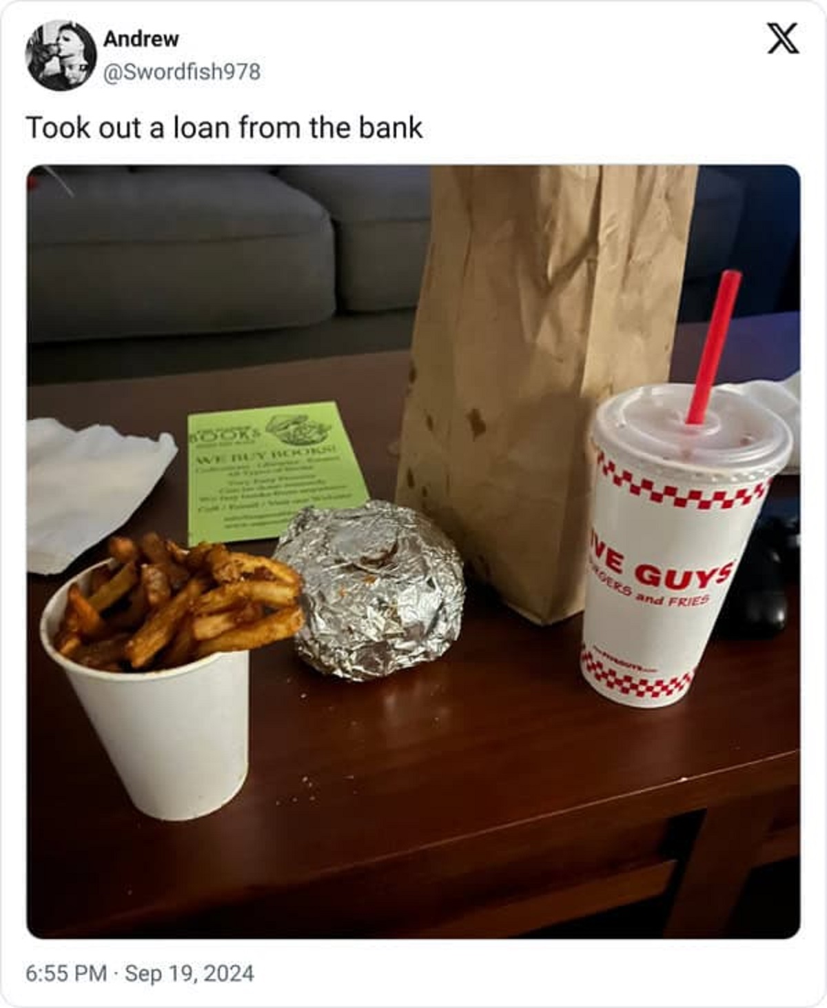 French fries - Andrew Took out a loan from the bank X Books We Buy Booksne Ve Guys Gers and Fries