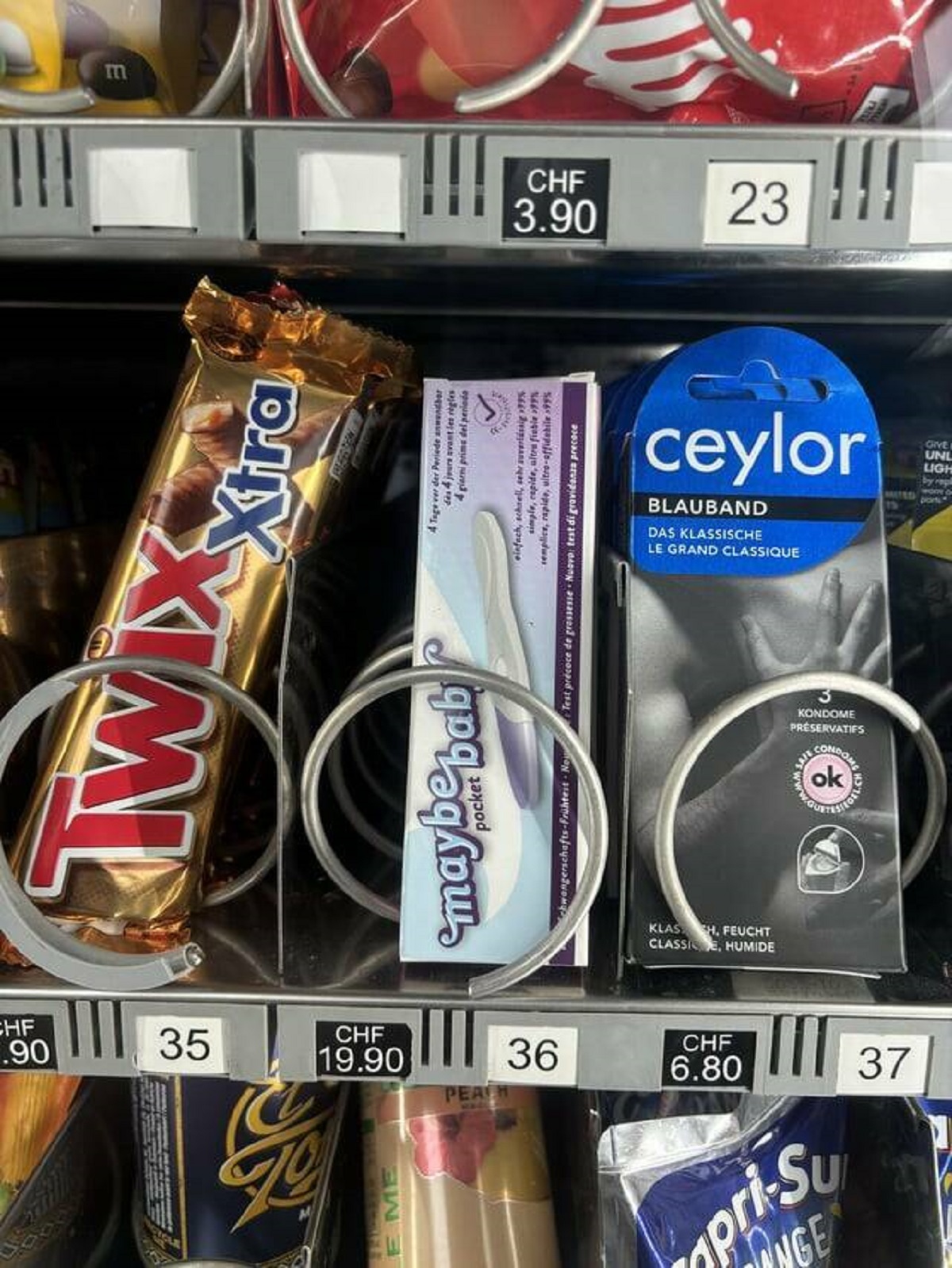 "In Switzerland, in most vending machines there is a pregnancy test called Maybe Baby"