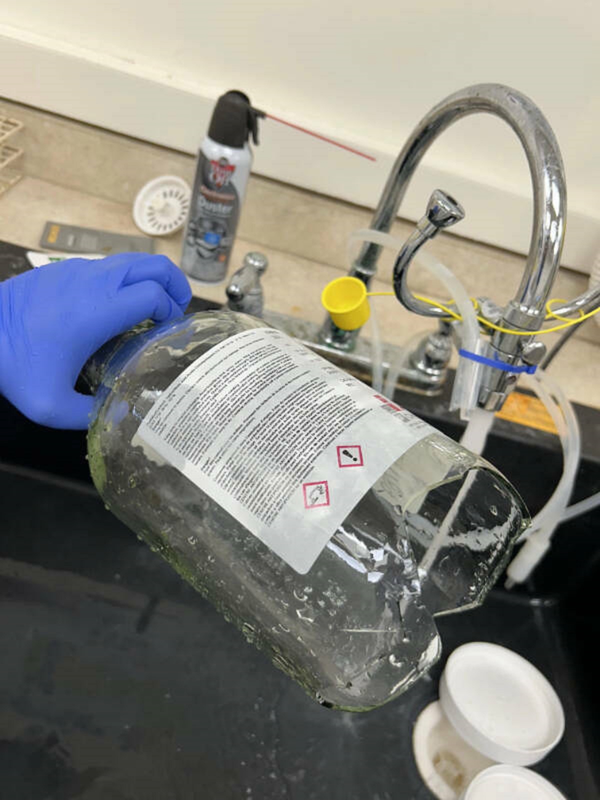 “The bottom of my full bottle of hydrochloric acid shattered when I set it down”