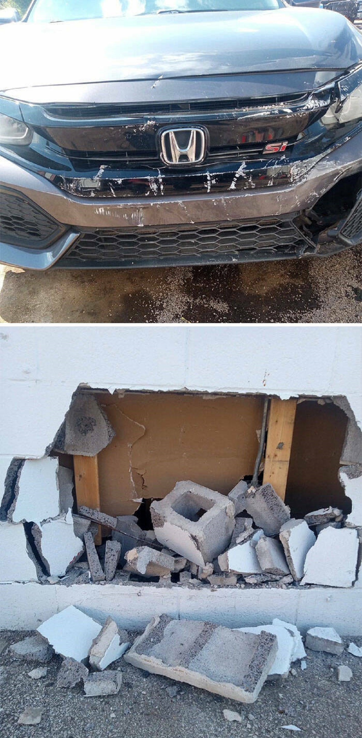 "Dropped Off My Car To Get My Brakes Changed. Got These Pictures Texted To Me Instead"

"Apparently, the shop hand didn't know how an electronic e-brake works. Said he parked it in front of the shop, and when he came back out to pull it into the bay, he found it across the parking lot embedded into a wall."