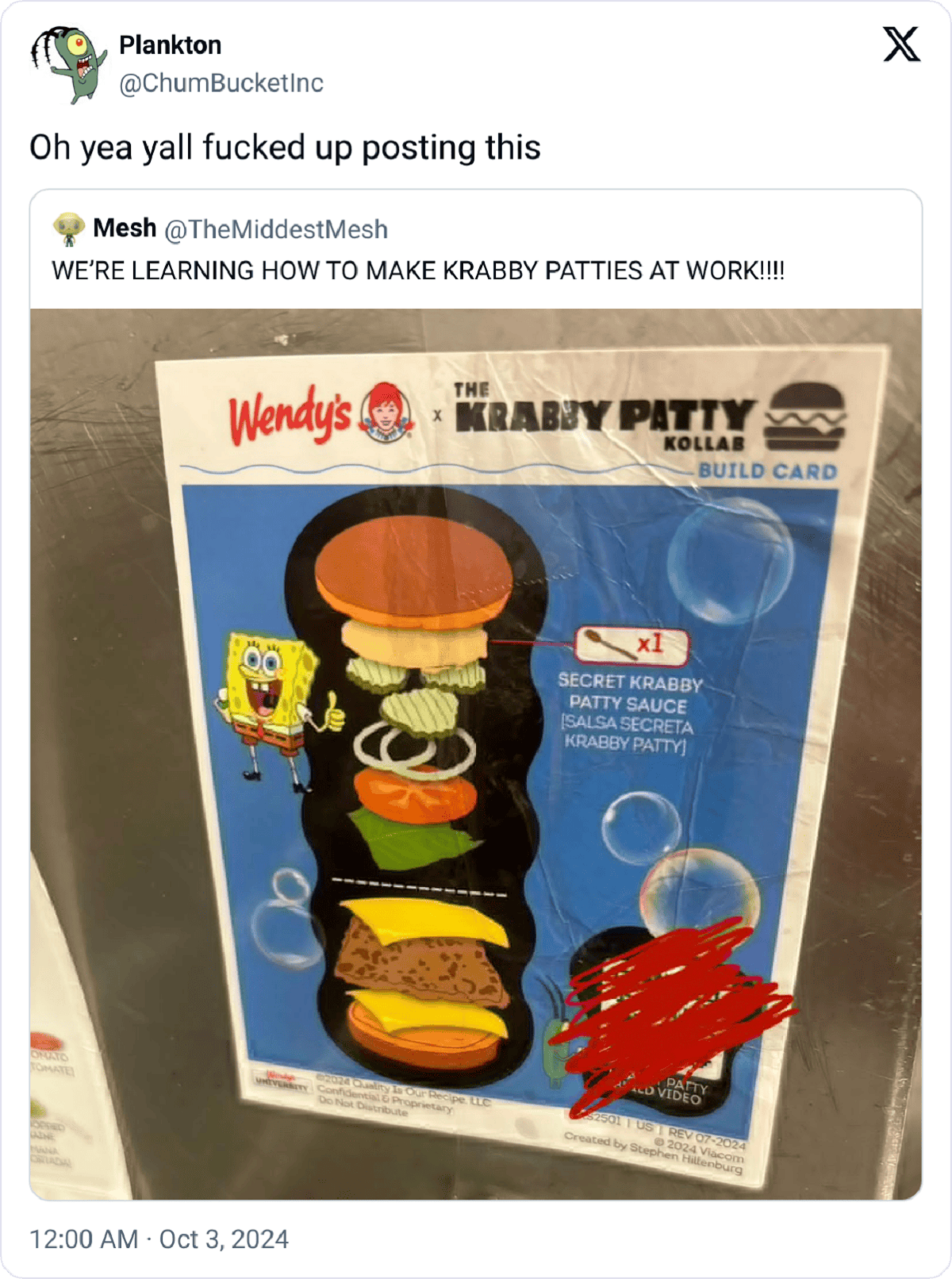 Internet meme - Plankton Oh yea yall fucked up posting this Mesh We'Re Learning How To Make Krabby Patties At Work!!!! Wendy's The Krabby Patty Kollab Build Card x1 Secret Krabby Patty Sauce Salsa Secreta Krabby Patty X