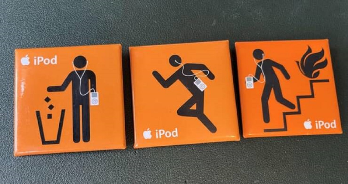 "Official iPod badges that came with a very early generation of iPod"