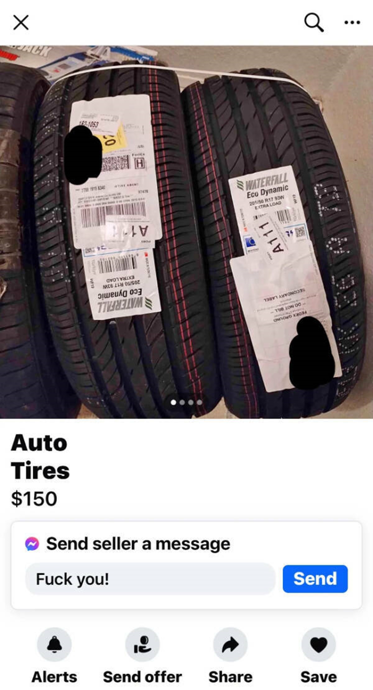 “Got some tires delivered from tire rack and they disappeared! Showed up on facebook.”