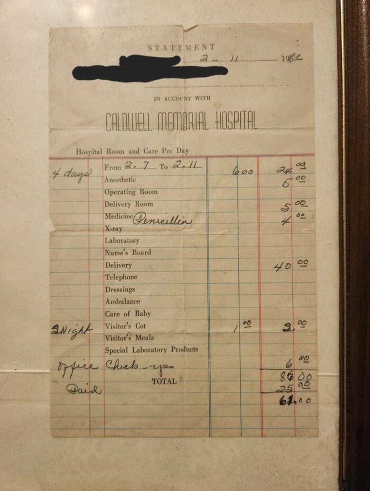 document - Statement In Account With Caldwell Memorial Hospital 1962 Hospital Room and Care Per Day 4 days From 27 To 2.11 600 244 Anesthetic 500 Operating Room Delivery Room Medicine Penicillin Xray Laboratory Nurse's Board Delivery Telephone Dressings A