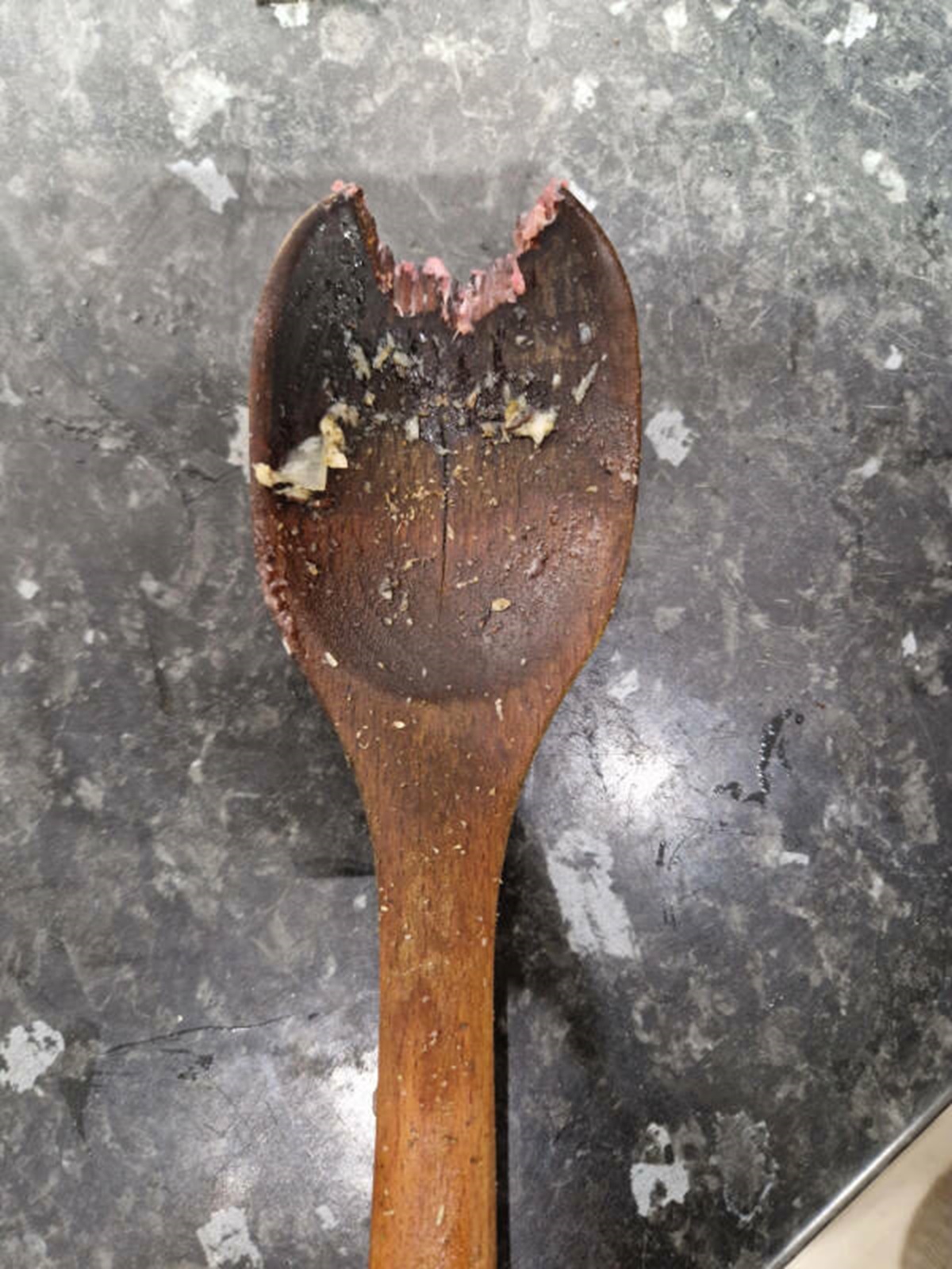 “I started to cook dinner and it now looks like someone tried to eat my wooden spoon.”