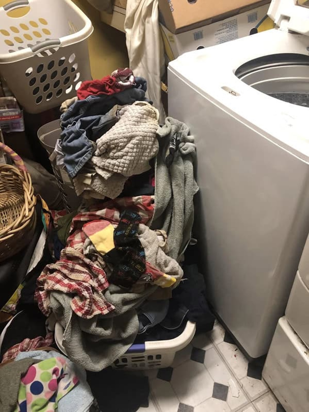 “Gone for two weeks. My husband piled his clothes by the washer instead of doing his own laundry”