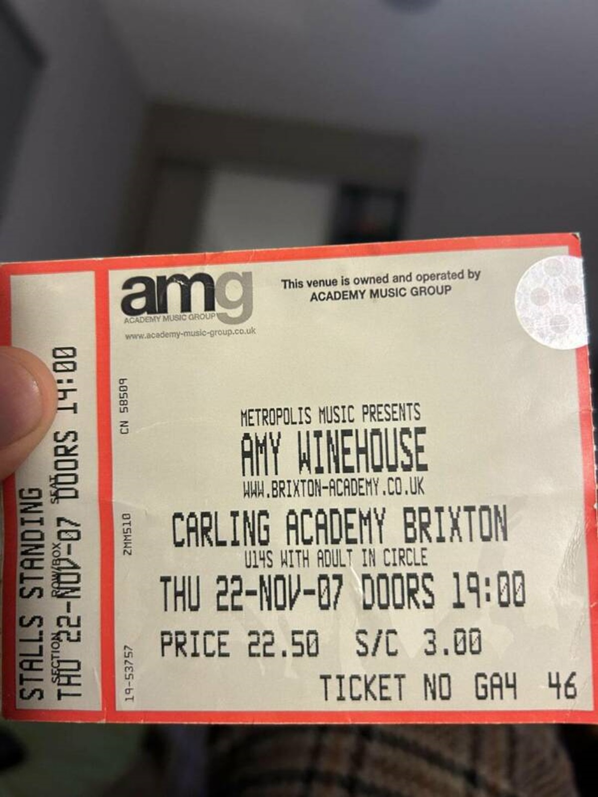 "Amy Winehouse ticket from 2007 found in a second hand book I bought today"