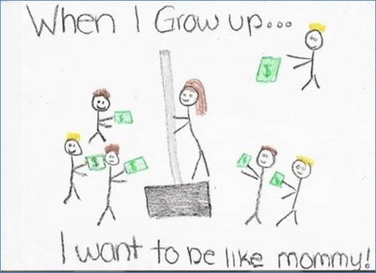 A little girl submitted this picture for a class project that required the children to draw what their parents do for a living.
The following is the parents response when the teacher questioned the parent about the picture.
Dear Mrs. Jones,
I wish to clarify that I am not now, nor have I ever been, an exotic dancer. I work at Home Depot and I to