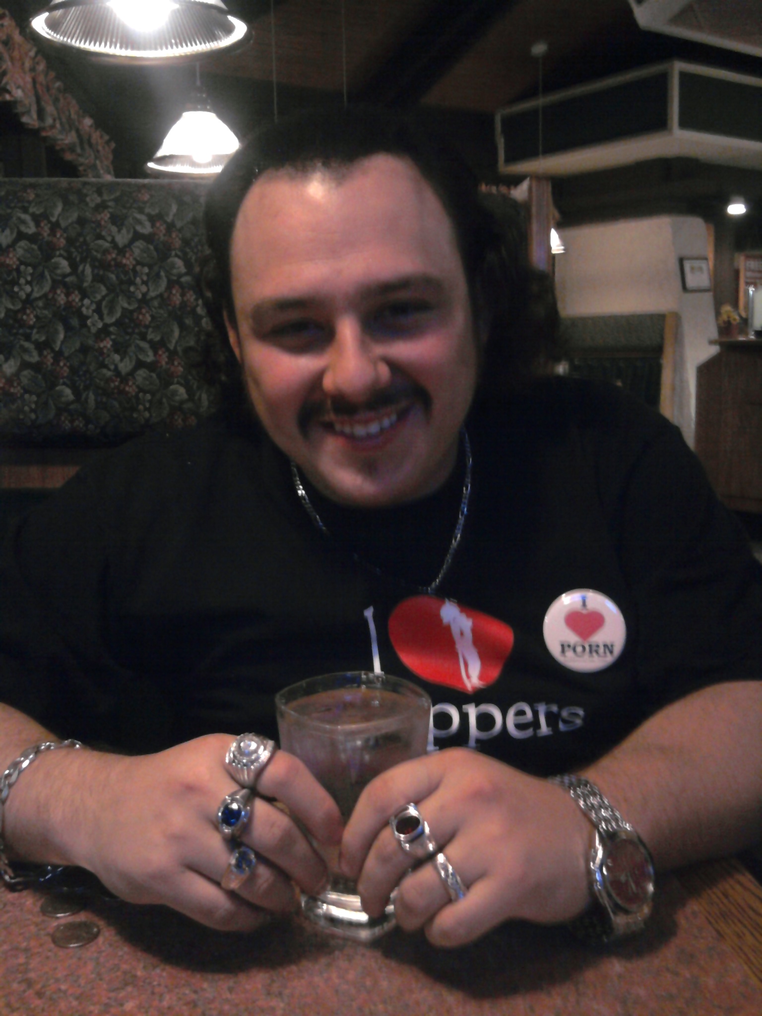 A close up of me Dressed up as Ron Jeremy on Halloween. I've met him twice in person and yes, he really does wear multiple rings on his fingers.