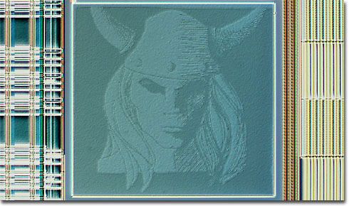 This image of Thor, god of thunder, appears in a Hewlett-Packard chip. Its drawn with an unusual method: Tiny dots appear where via wires extend downward through the chip to connect different layers. This is the largest chip image in the Silicon Zoo. 