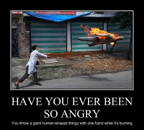 you are so mad meme - Have You Ever Been So Angry You throw a giant humanshaped thingy with one hand while it's burning