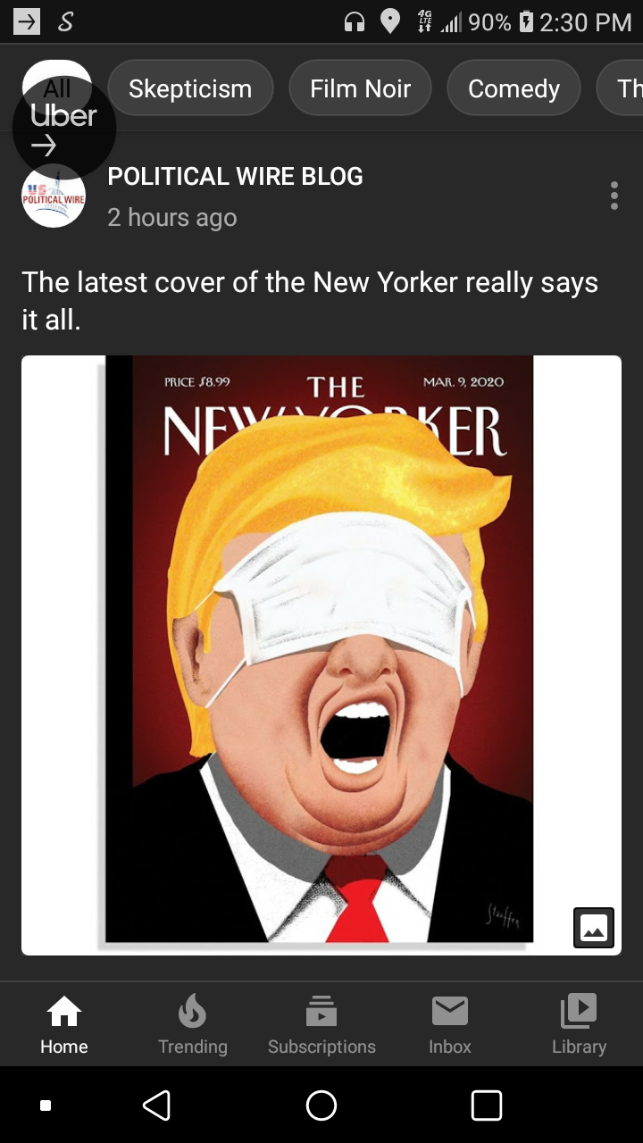 The New Yorker - 0 .90% Skepticism Film Noir Comedy Uber Political Wire Blog 2 hours ago The latest cover of the New Yorker really says it all. Leathema The Ker Home Trending Suscritons Library