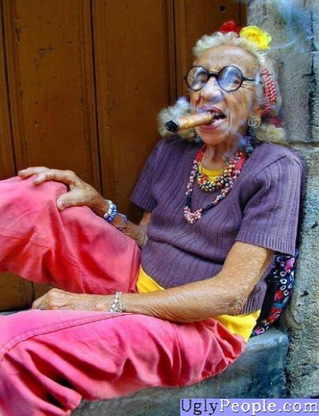 Ugly People flamboyant grandmother smoking a cigar.