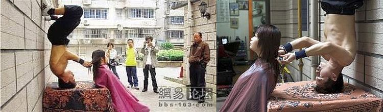 cutting hair while standing on his head in Changsha, China. (Hmmm ... I wonder if he does 'razor cuts' ?)
