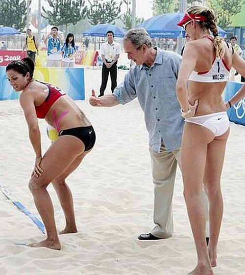 and George Bush just before a beach volleyball tournament in Sunny California. 