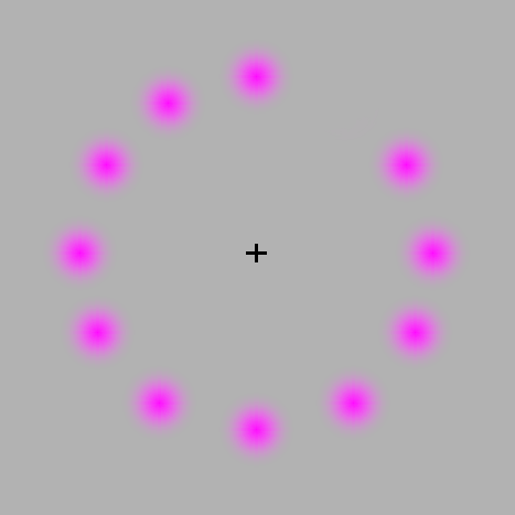 The pink dots will disappear and you will see only a rotating green dot. It's amazing how our brain works. There really is no green dot and the pink ones don't really disappear. This is proof that we don't always see what we think we see. 